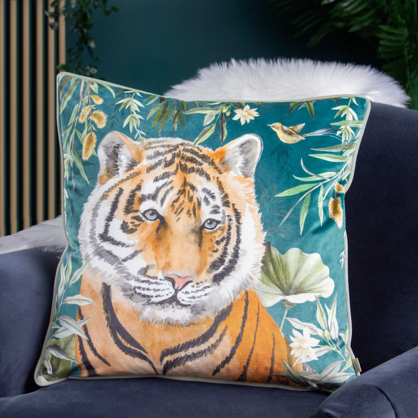 ORIENT TIGER HEAD 50X50 CUSHION CASE TEAL