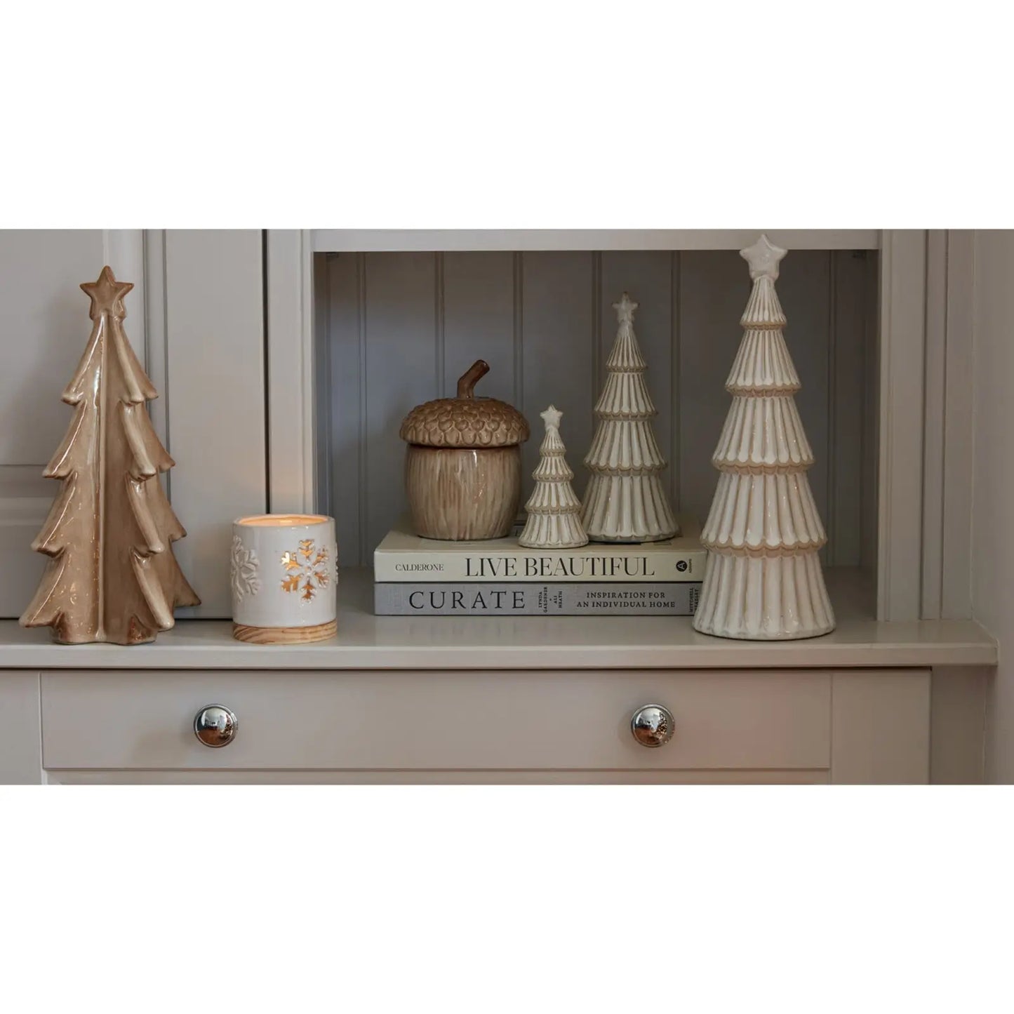 Alora Ceramic Snowflake Candle Holder On Wood Base
