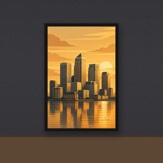 Livvat Canary Wharf golden-hour framed print on a charcoal wall