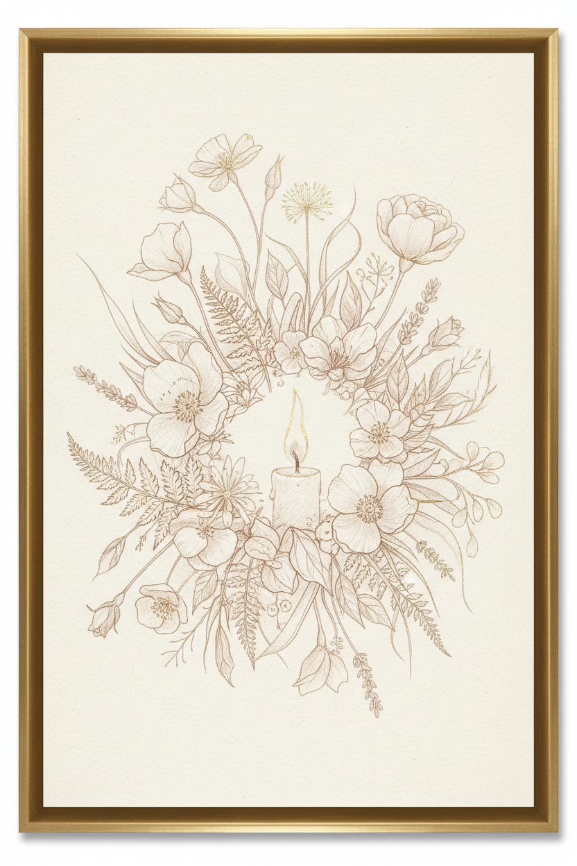 Candle Flame Botanicals pencil sketch framed wall art print