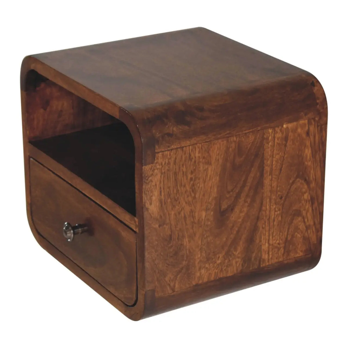 Extra Mini Wall Mounted Curved Chestnut Bedside Table with Open Slot | Nightstand