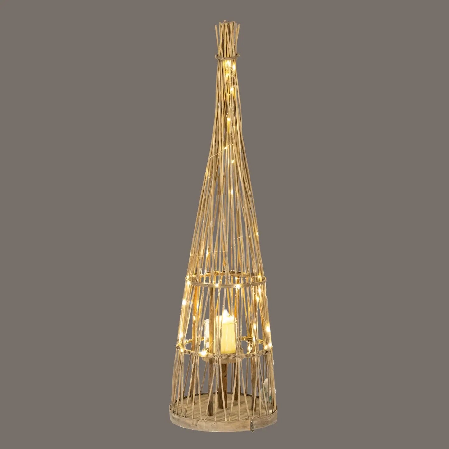 Small Conical Wicker Lantern With Glass Holder & LED Lights