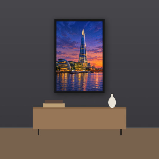 Livvat The Shard at Dusk framed print on a charcoal wall