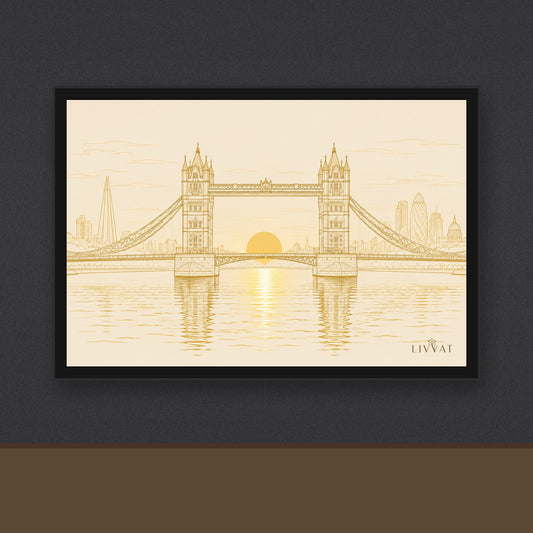 Livvat Tower Bridge golden line-art framed print on a charcoal wall