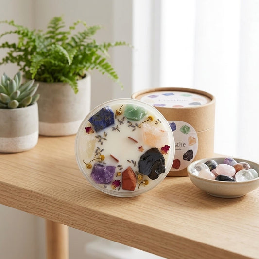 A round white candle with embedded colorful crystals and dried botanicals sits on a light wood table, with a matching kraft paper container and a small bowl of polished stones behind it. Potted green plants and a bright window are in the background.