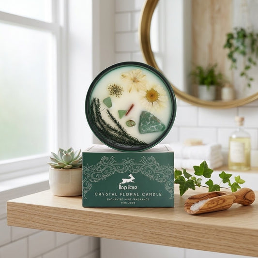 A round crystal floral candle in a dark green tin sits on top of its matching green box on a wooden shelf. The lid is clear and shows pressed flowers and green stones embedded in the wax.