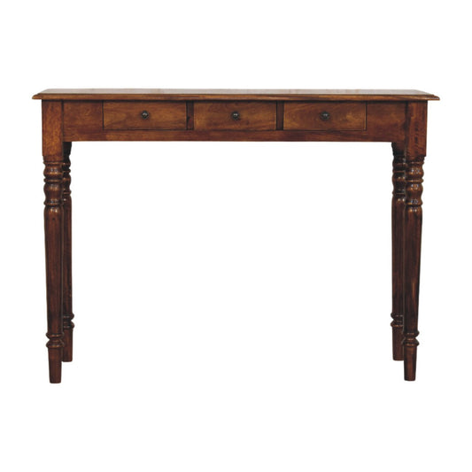 Turned Legs 3 Drawer Chestnut Console Table by Livvat