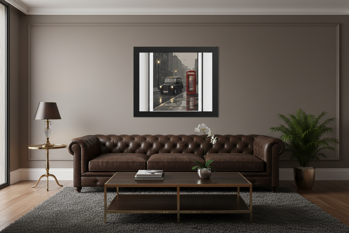 London Collection — framed wall art of a London street scene with a black cab and red phone box, hung above a leather sofa