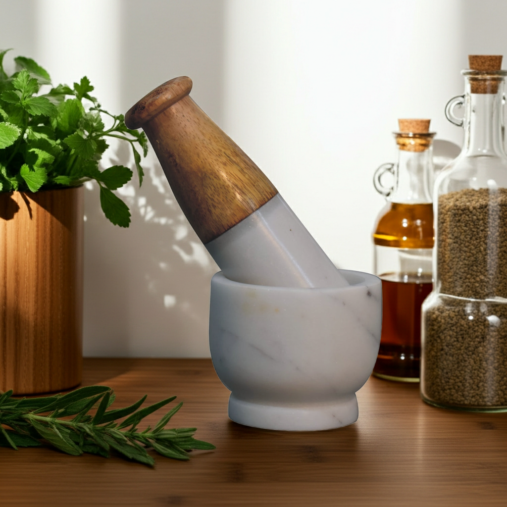 A marble mortar and pestle set with a wooden pestle handle, styled on a wooden table with herbs and glass bottles in the background.