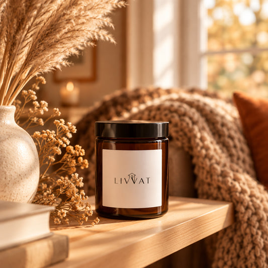 Livvat Exclusive amber glass soy wax candle with black lid and LIVVAT label, real product photo