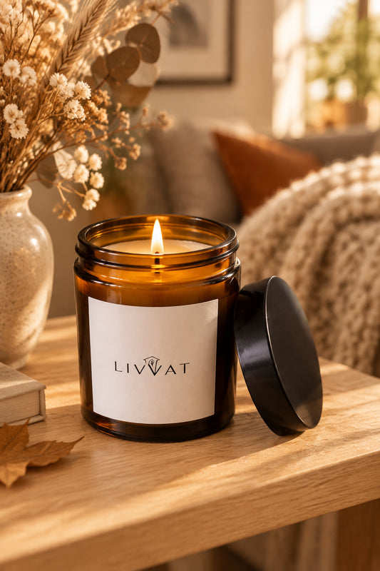 Livvat amber jar soy candle with lid off, showing natural soy wax and cotton wick