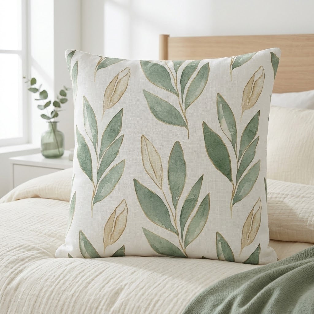 A square throw pillow with a watercolor-style green leaf pattern on an off-white background, styled on a bed in a bright bedroom.