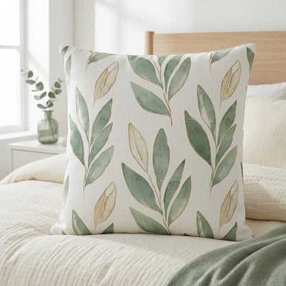A square throw pillow with a watercolor-style green leaf pattern on an off-white background, styled on a bed in a bright bedroom.