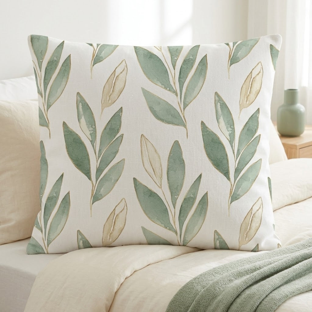 A square decorative throw pillow with a watercolor-style green leaf pattern on an off-white background, styled on a bed with neutral bedding and a green throw blanket.