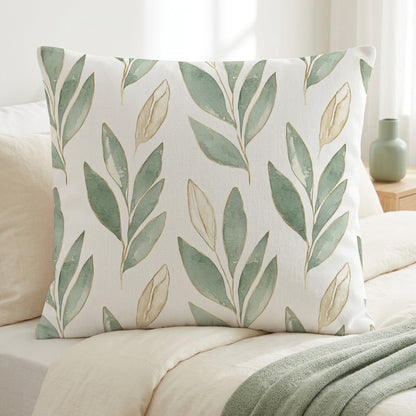 A square decorative throw pillow with a watercolor-style green leaf pattern on an off-white background, styled on a bed with neutral bedding and a green throw blanket.