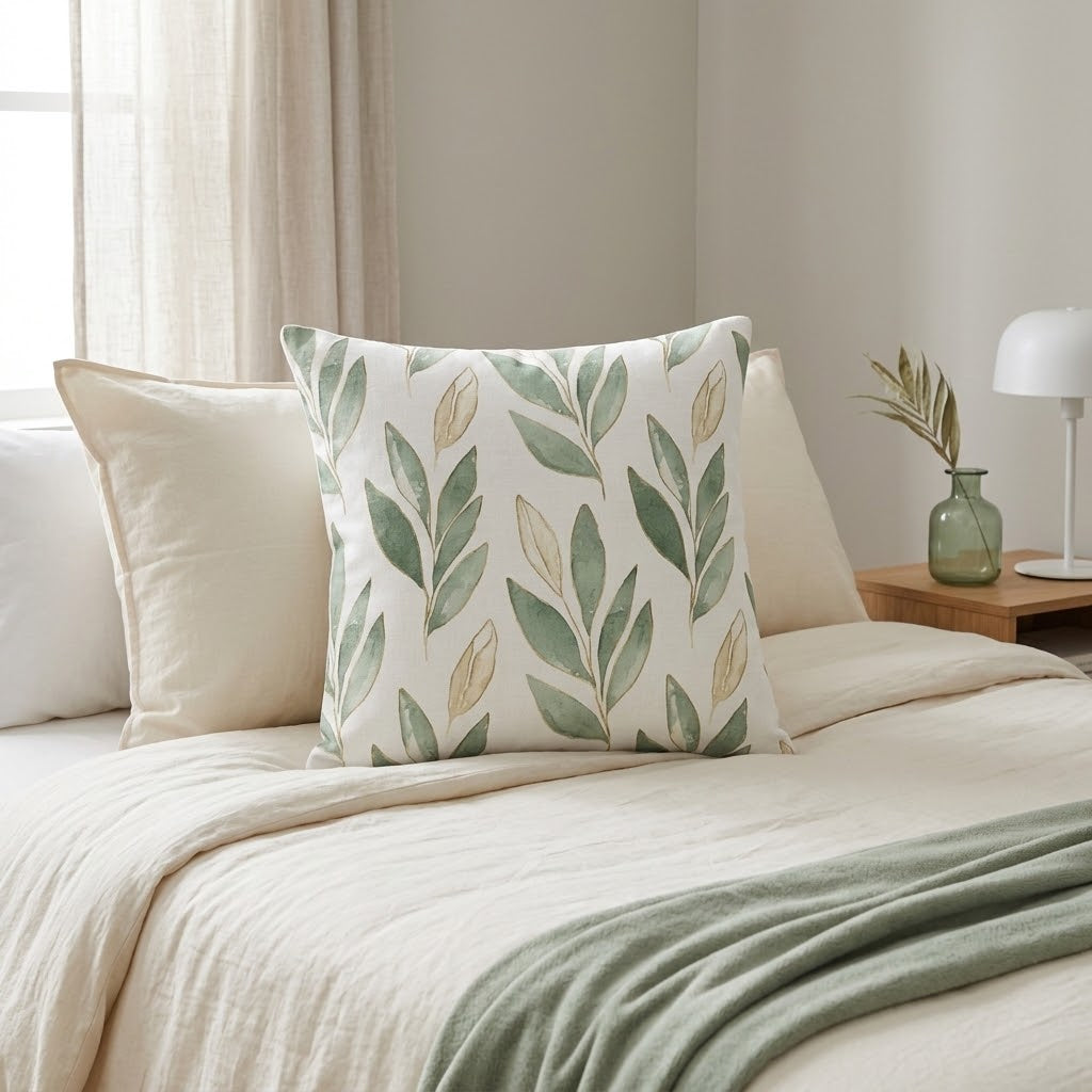 A decorative throw pillow with a green leaf pattern on an off-white background, styled on a bed with cream bedding and a sage green throw blanket in a softly lit bedroom.