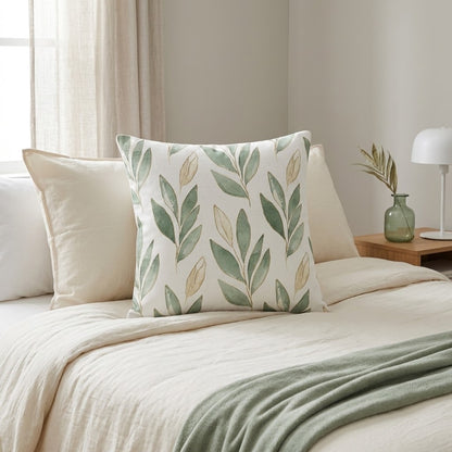 A decorative throw pillow with a green leaf pattern on an off-white background, styled on a bed with cream bedding and a sage green throw blanket in a softly lit bedroom.