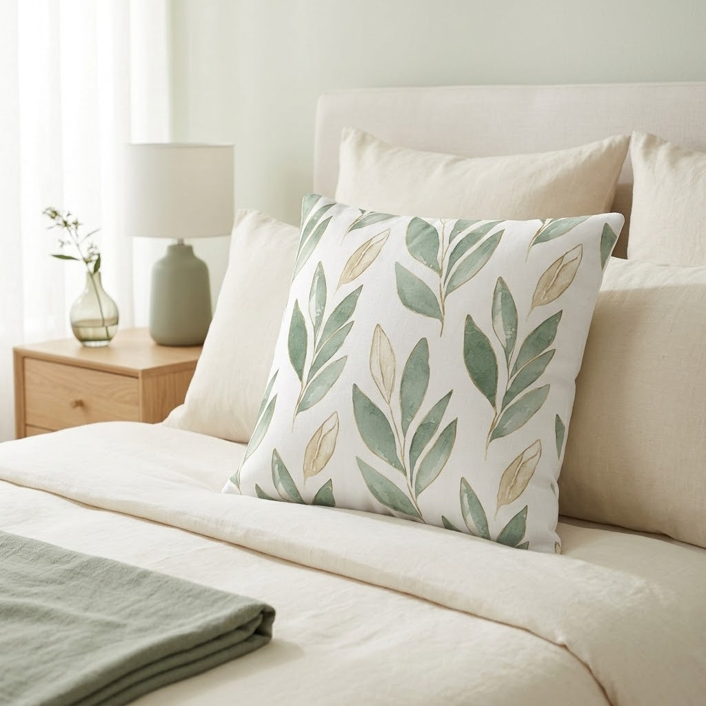 A square decorative throw pillow with a green leaf pattern on a white background, styled on a bed with neutral beige bedding and pillows in a softly lit bedroom.