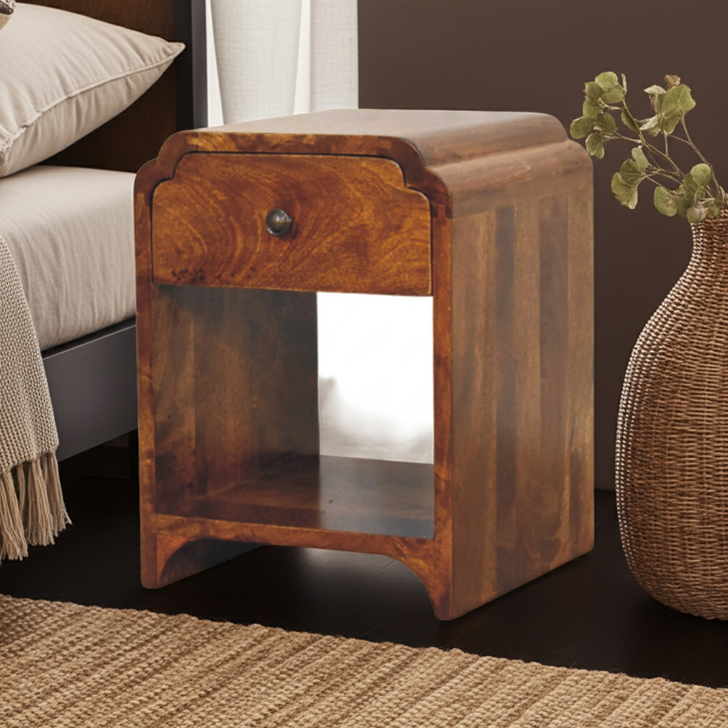 Newton Mini Chestnut Nightstand with Drawer and Open Shelf | Bedside Table