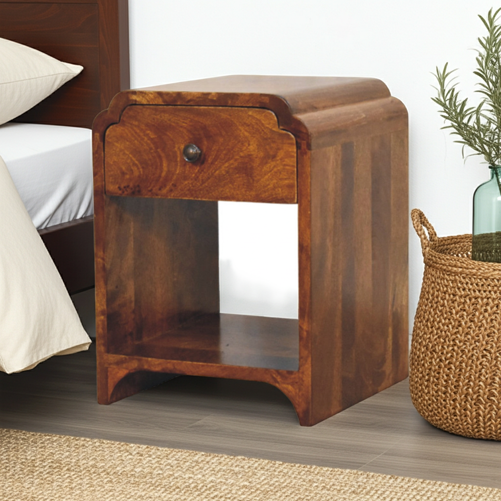 Newton Mini Chestnut Nightstand with Drawer and Open Shelf | Bedside Table