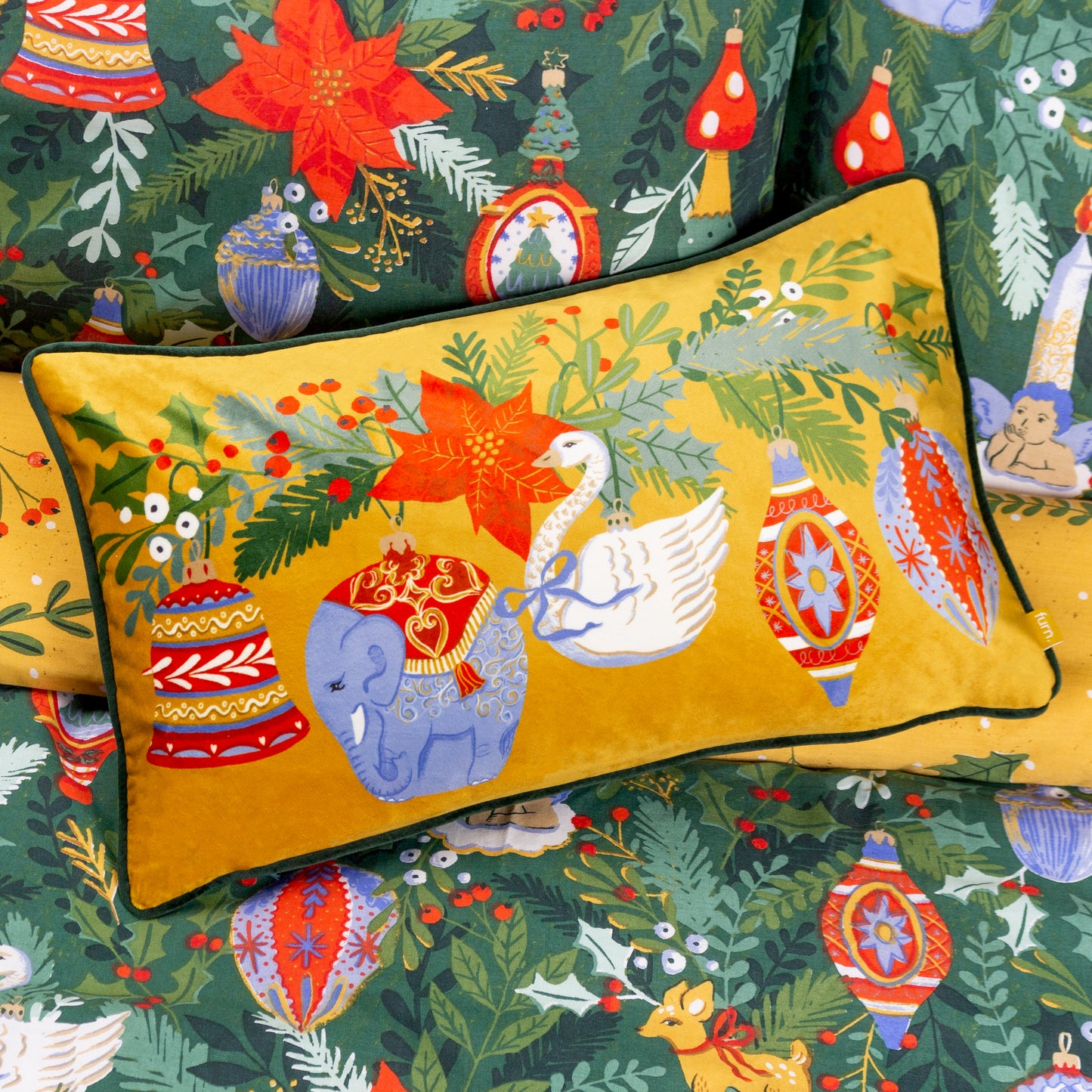 DECK THE HALLS BAUBLES 30X50 CUSHION CASE PINE GREEN