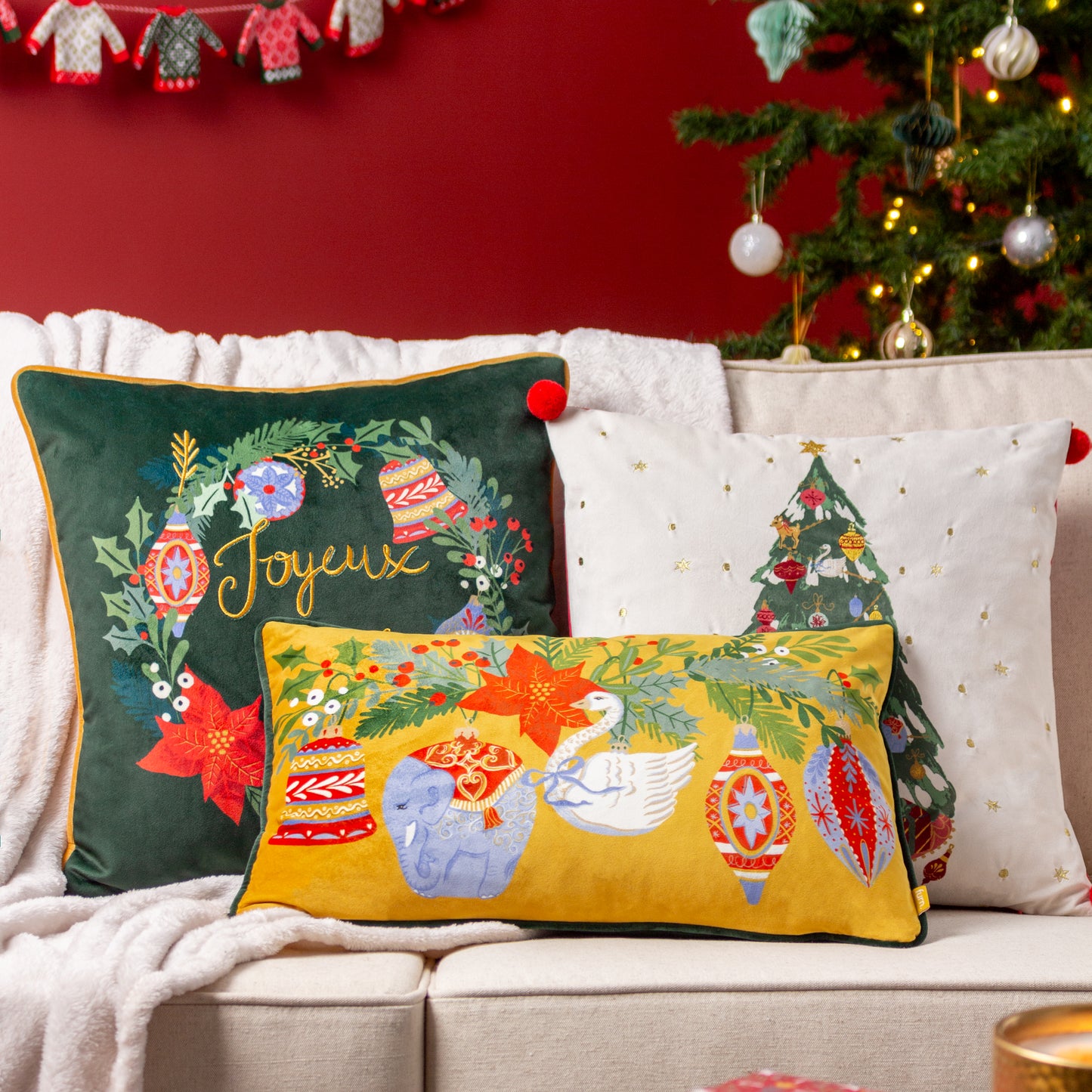 DECK THE HALLS BAUBLES 30X50 CUSHION CASE PINE GREEN