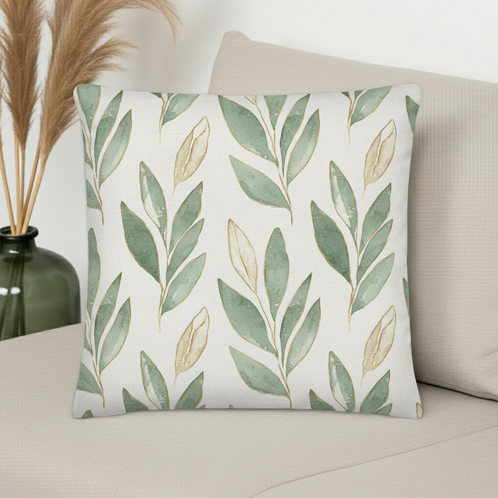 A square throw pillow with a green and beige leaf pattern on a white background, styled on a beige sofa next to a dark green vase with dried pampas grass.