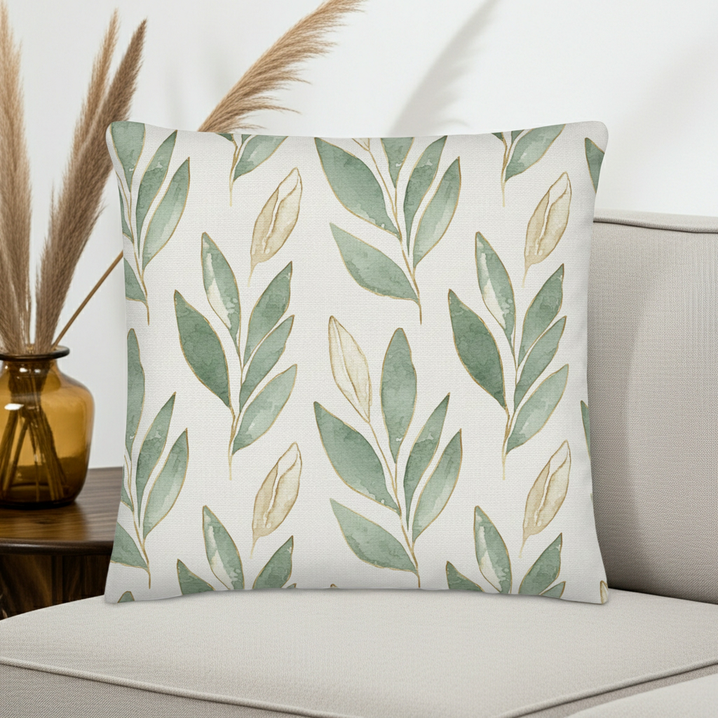 A square throw pillow with a watercolor-style leaf pattern in sage green and beige on an off-white background, styled on a light gray sofa next to a wooden side table with dried grass in a glass vase.