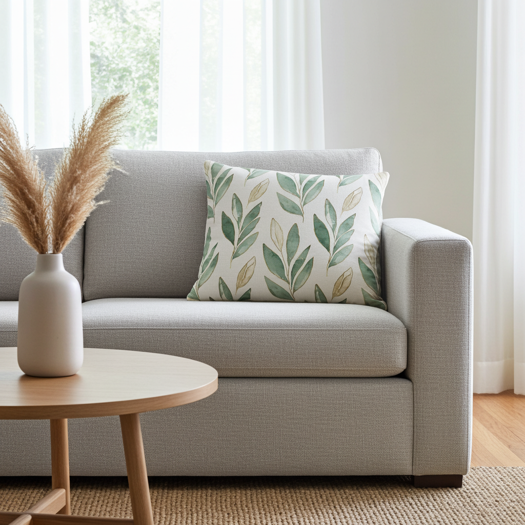 A light gray fabric sofa in a bright living room setting, styled with a square throw pillow featuring a green and beige leaf pattern, next to a round wooden coffee table with a vase of pampas grass.