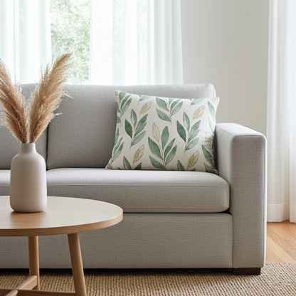 A light gray fabric sofa in a bright living room setting, styled with a square throw pillow featuring a green and beige leaf pattern, next to a round wooden coffee table with a vase of pampas grass.