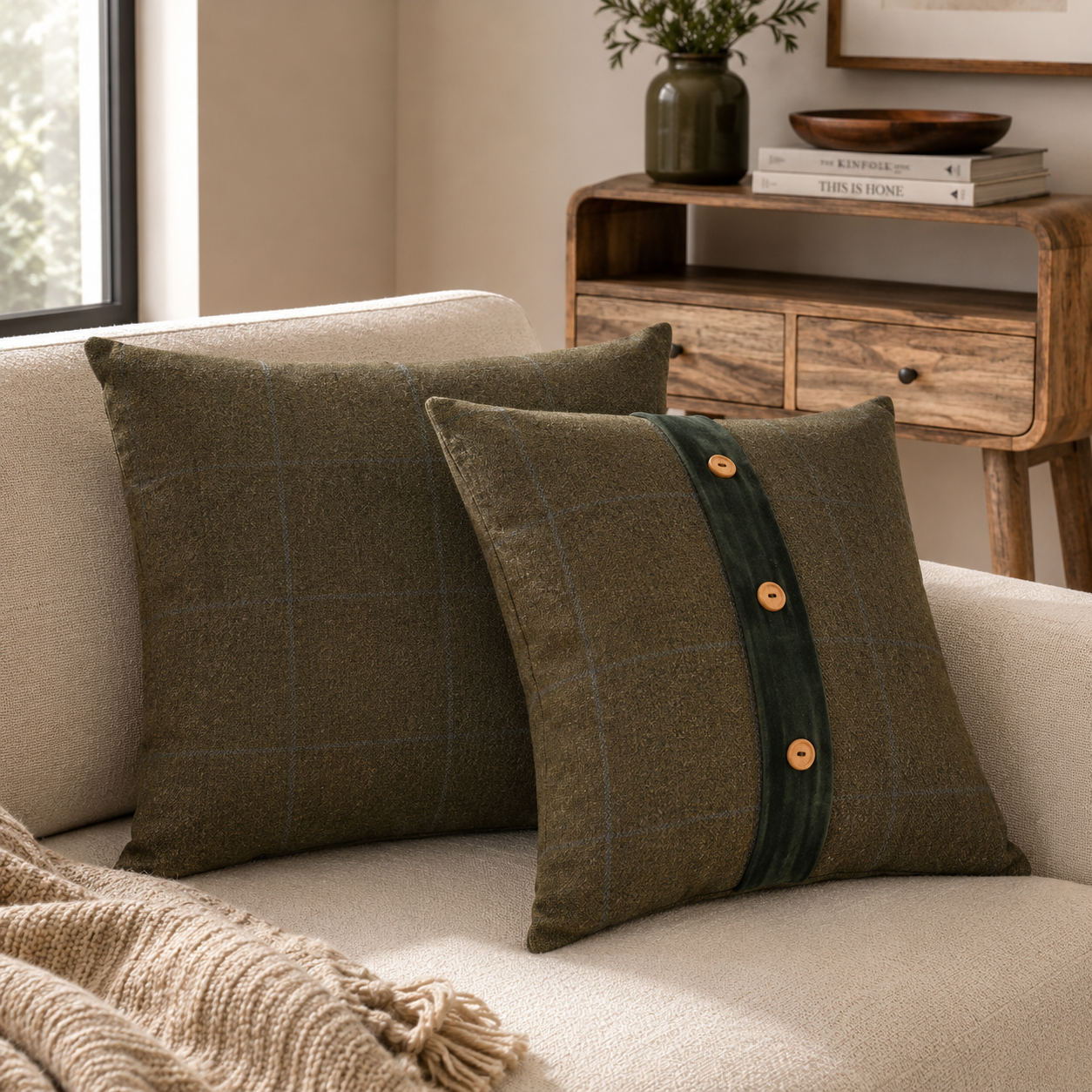 Quinn Cushion Set of 2 - Green Olive Tartan & Green Velvet