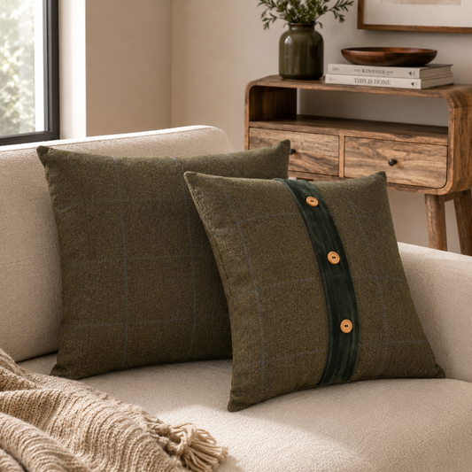 Quinn Cushion Set of 2 - Green Olive Tartan & Green Velvet