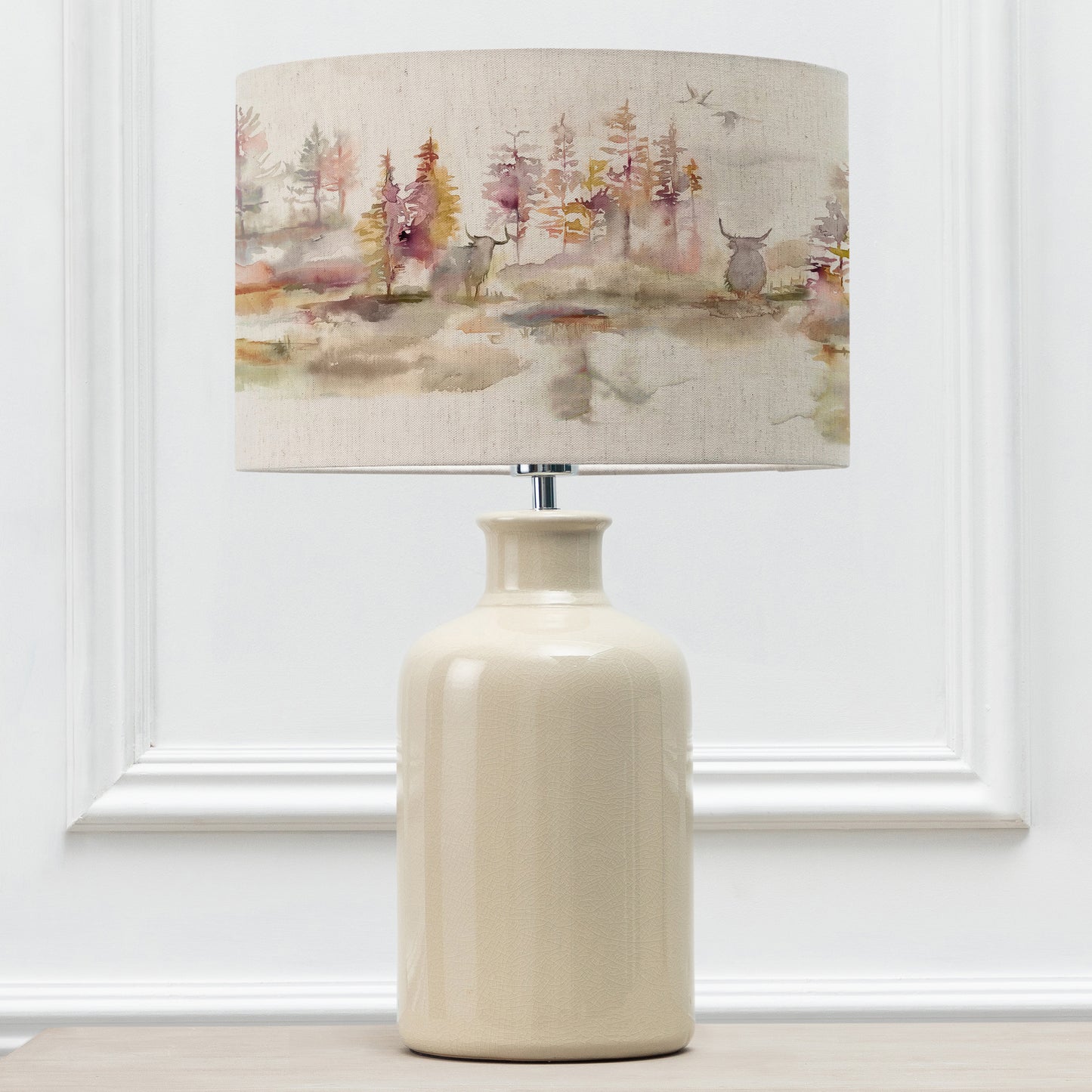 ELSPETH TABLE LAMPBASE CREAM/CALEDONIAN FOREST EVA 40CM LAMPSHADE LINEN