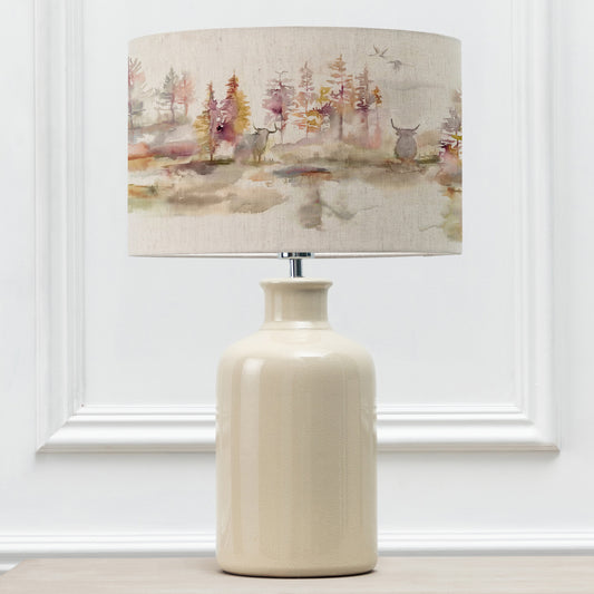 ELSPETH TABLE LAMPBASE CREAM/CALEDONIAN FOREST EVA 40CM LAMPSHADE LINEN