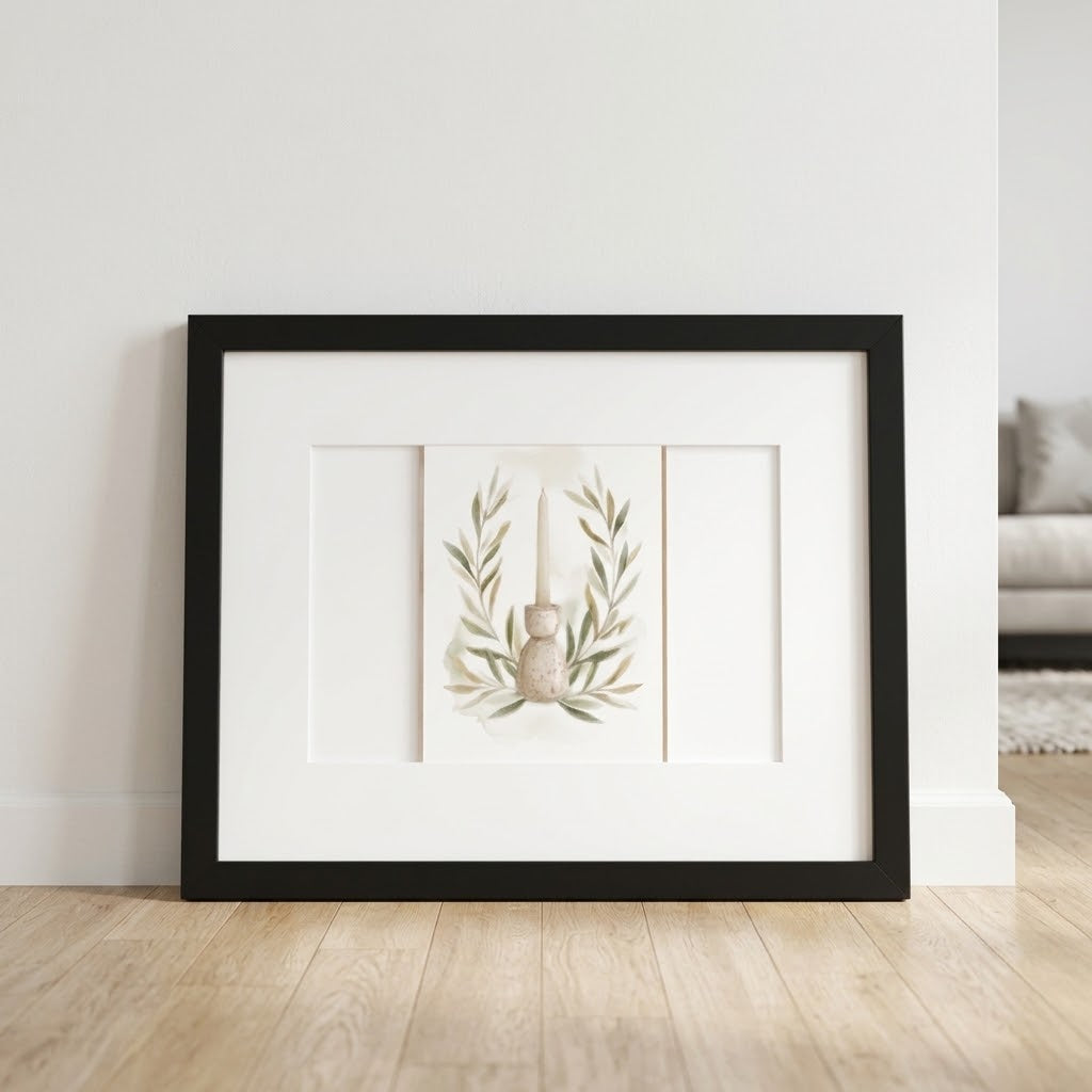 Framed wall art leaning against a white wall on a light wood floor, featuring a minimalist botanical print with olive branches and a small vase in a black frame with a wide white mat.