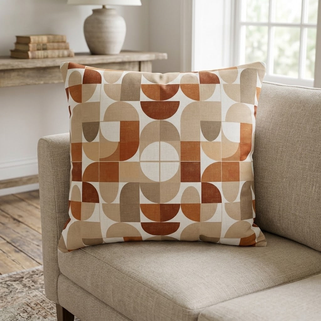 A square throw pillow with a mid-century modern geometric pattern in terracotta, tan, and cream, resting on a beige fabric sofa in a bright living room.
