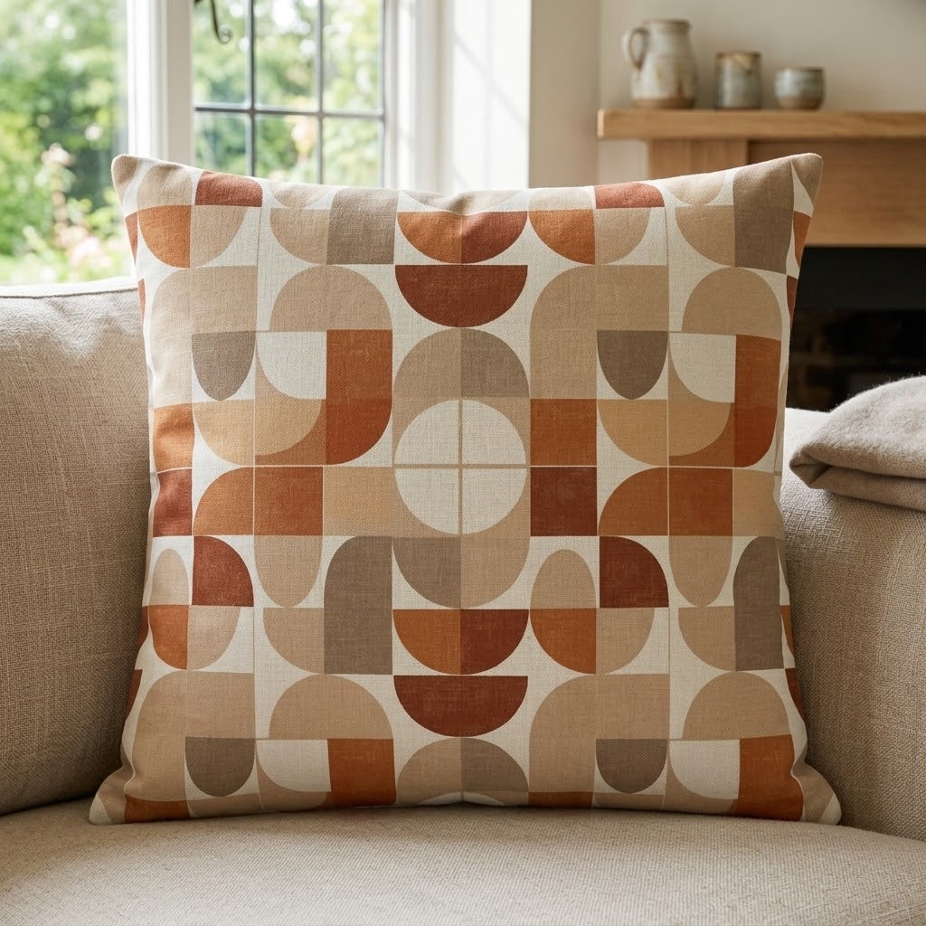 A square throw pillow with a mid-century modern geometric pattern in terracotta, rust, beige, and brown, resting on a light beige sofa in a cozy living room setting.