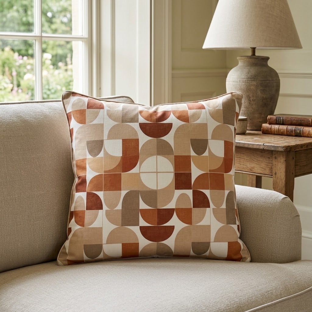A square throw pillow with a geometric semi-circle pattern in terracotta, rust, tan, and cream, styled on a beige sofa in a bright living room setting.
