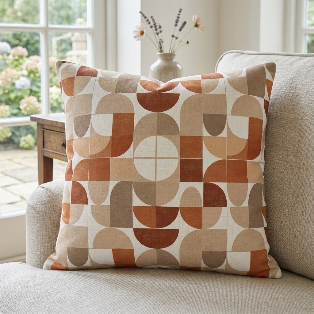 A square throw pillow with a mid-century modern geometric pattern in terracotta, rust, tan, and cream, resting on a beige armchair in a bright living room.