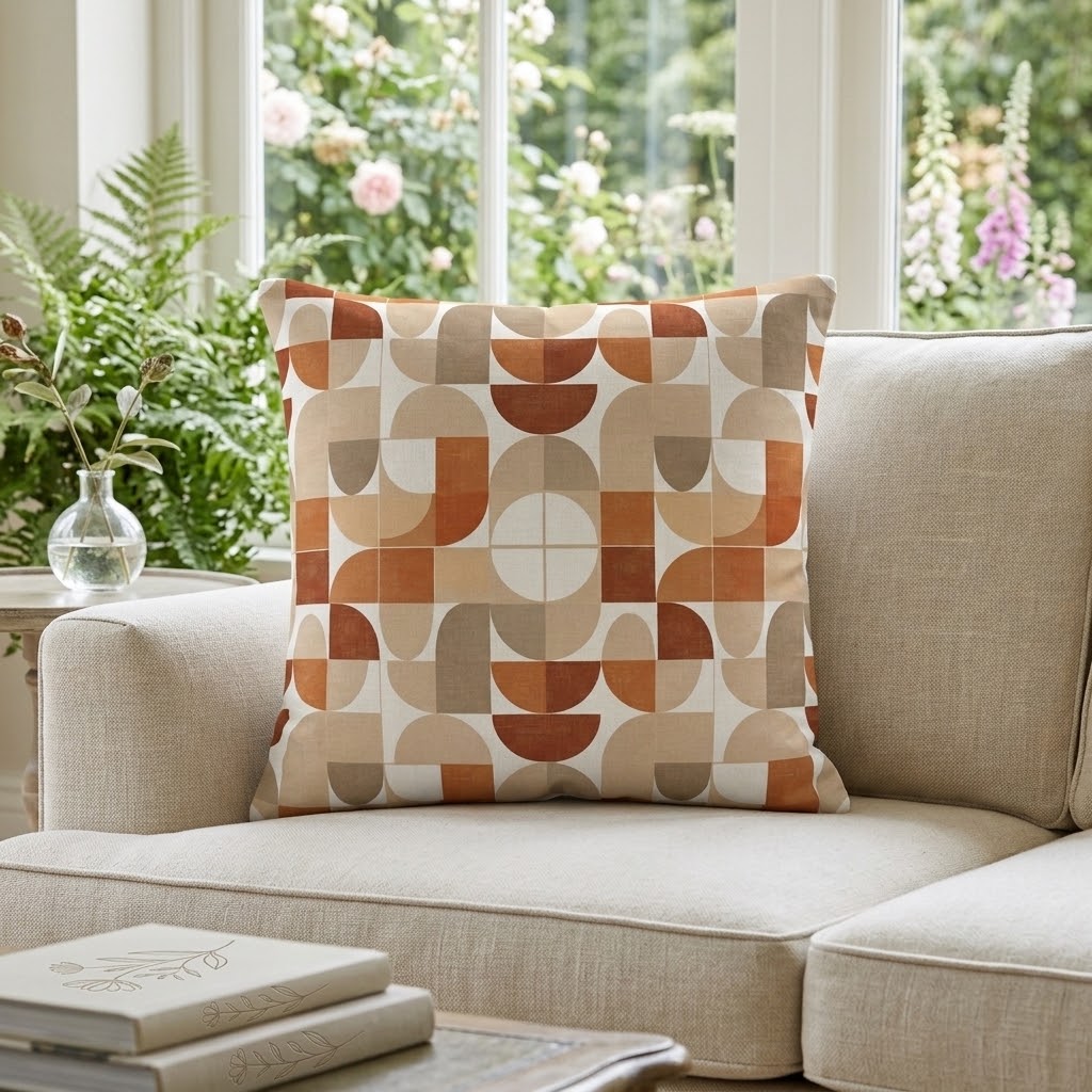 A square throw pillow with a retro geometric pattern of semi-circles and arcs in terracotta, rust, tan, and cream, styled on a light beige sofa in a bright living room.