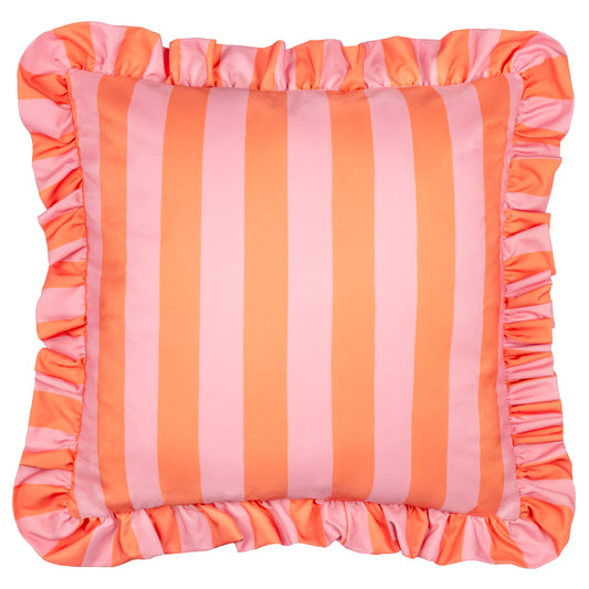 PALM ROYALE STRIPE RUFFLE 50X50 OUTDOOR CUSHION CASE PINK/ORANGE