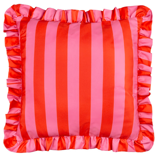 PALM ROYALE STRIPE RUFFLE 50X50 OUTDOOR CUSHION CASE PINK/RED
