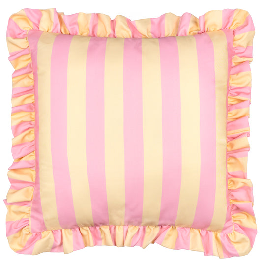 PALM ROYALE STRIPE RUFFLE 50X50 OUTDOOR CUSHION CASE PINK/YELLOW