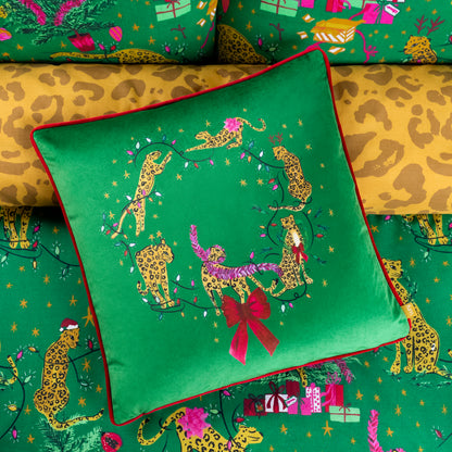 PURRFECT LEAPING LEOPARDS 43X43 CUSHION CASE GREEN/GOLD