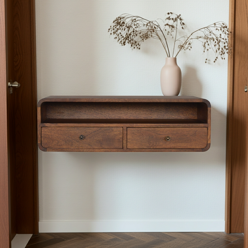 Floating Chestnut Open Console Table Wall Mounted Solid Mango Wood Shelf