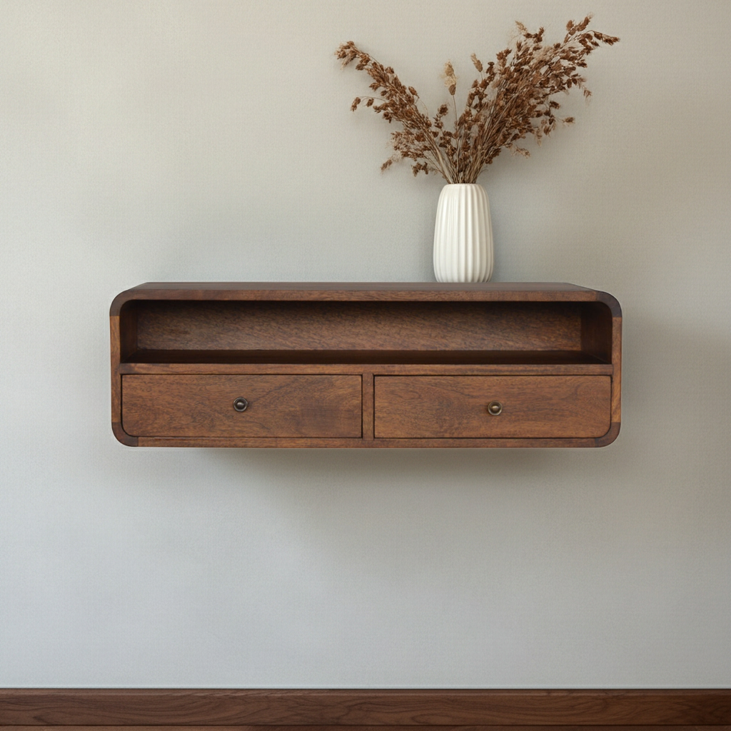 Floating Chestnut Open Console Table Wall Mounted Solid Mango Wood Shelf