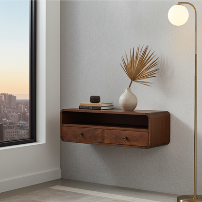 Floating Chestnut Open Console Table Wall Mounted Solid Mango Wood Shelf