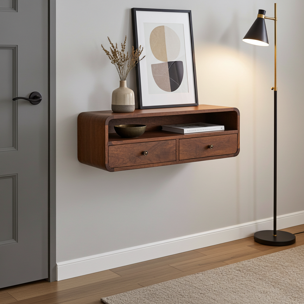 Floating Chestnut Open Console Table Wall Mounted Solid Mango Wood Shelf