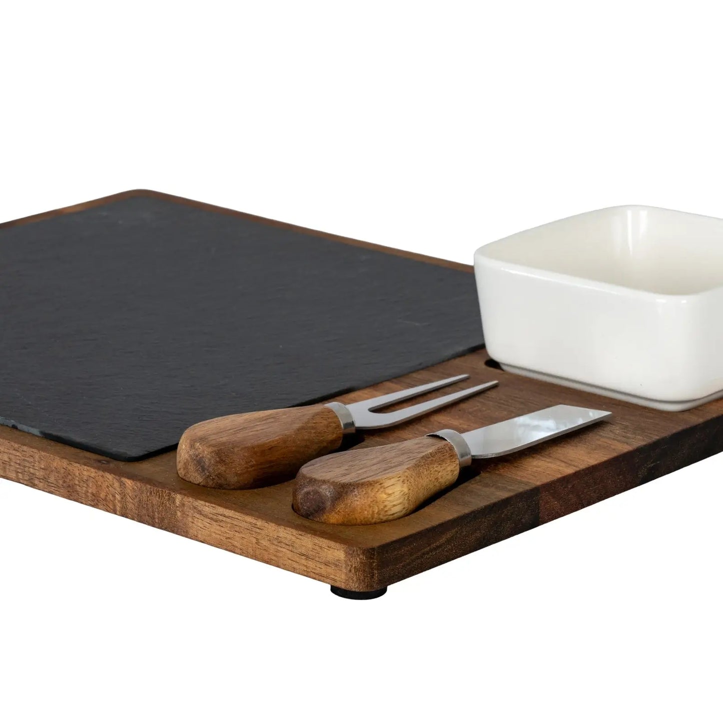 Acacia Cheese Board Set With White Bowl, Slate and Cutlery