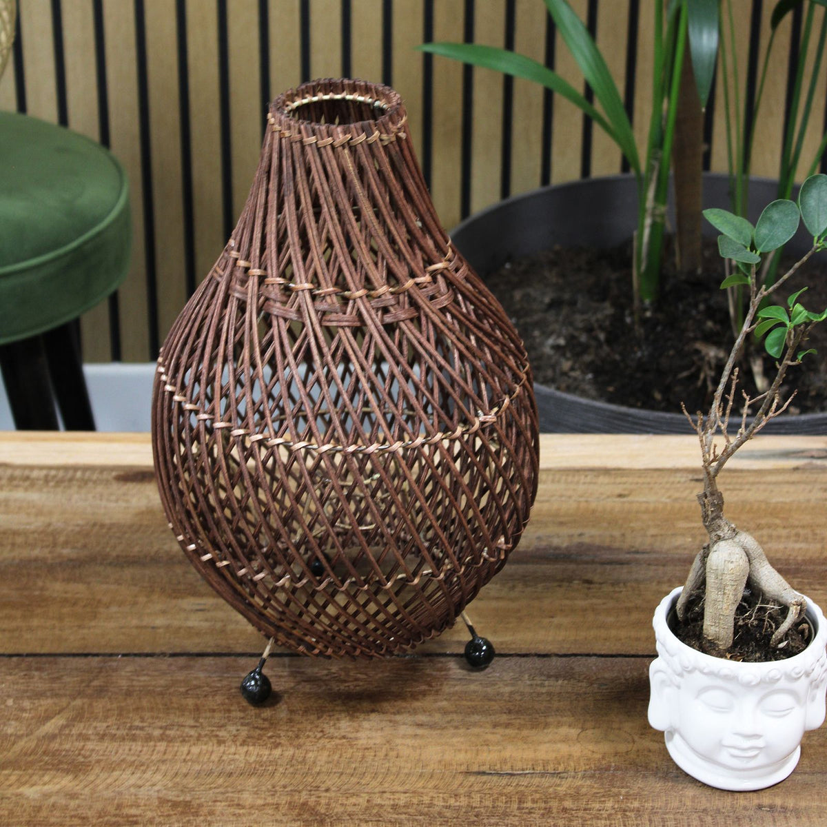 Handwoven Rattan Table Lamp – Dark Brown